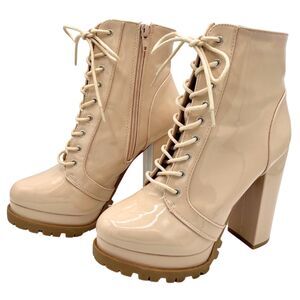 Wild Diva Lounge Vivian Nude Block Heel Platform Booties Size 7.5 Side Zip Lace